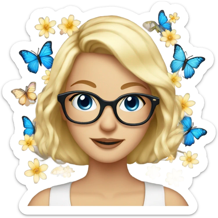Gorgeous blond lady blue eyes wearing glasses with flowers and butterflies sticker