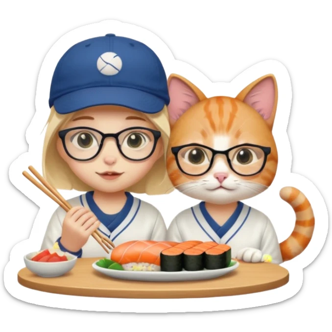 cute girl cat wearing glasses and a cute boy cat wearing a baseball cap eating sushi together sticker