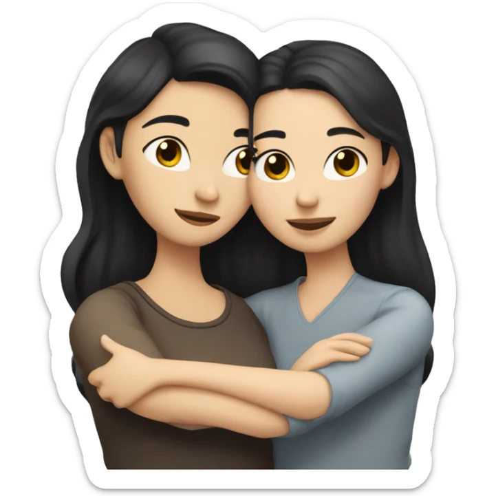 A lesbian couple who both have white skin and long black hair are hugging intimately. sticker
