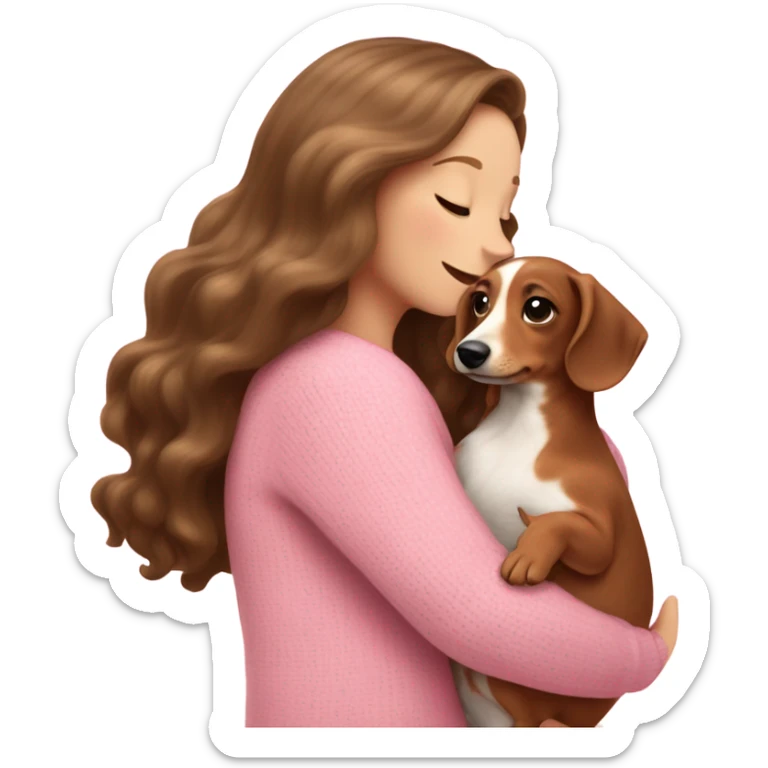 Brunette white girl with long wavy hair in a pink sweater holds a brown and cream dachshund long-haired puppy in her arms sticker