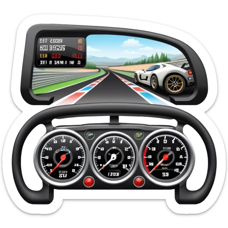 An icon showing a racing game interface, inspired by Grand Turismo. The design features a garage with a selection of high-performance cars, along with race track visuals in the background. Speedometer, lap timer, and other HUD elements add to the excitement. Transparent background sticker