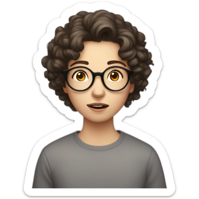 Shocked and Pale skinned teenager with short curly dark brown hair and circle glasses sticker