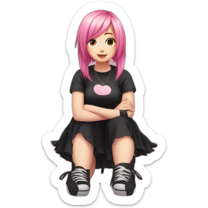 Full body Front view curvy emo girl pink hair sits on the floor straight view hands up black skirt белые трусики sticker