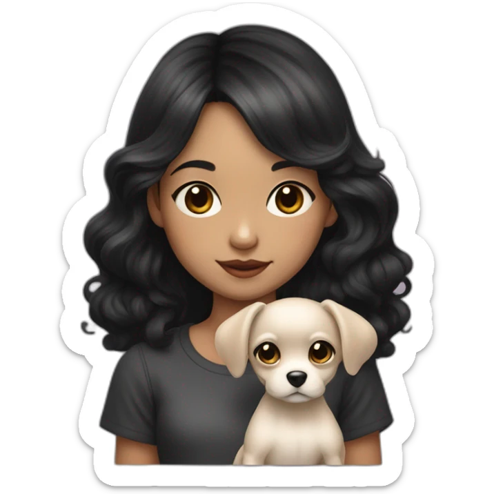 young girl with dark long wavy hair, short bangs, pale skin holding her little black chichuachua dog with big pointed ears sticker