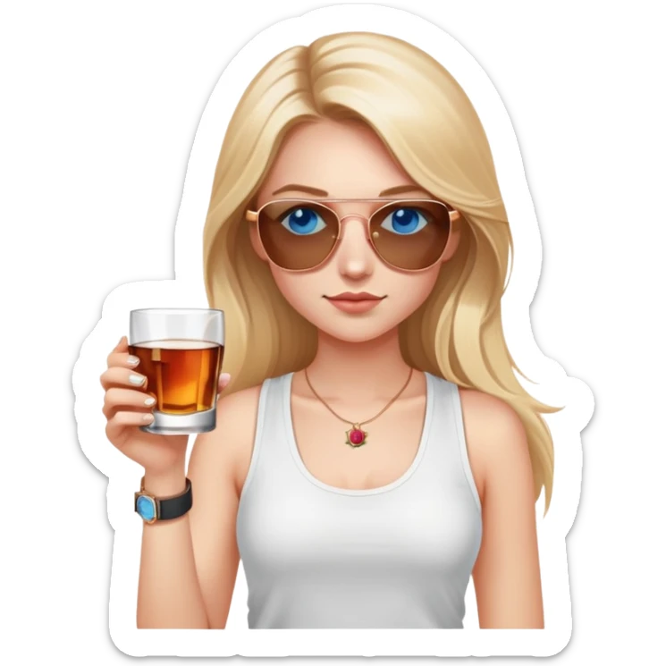 girl with long blond hair
with blue eyes
and aviator sunglasses
wearing white tank top 
holding a glass of whiskey, wearing rose gold apple watch  sticker