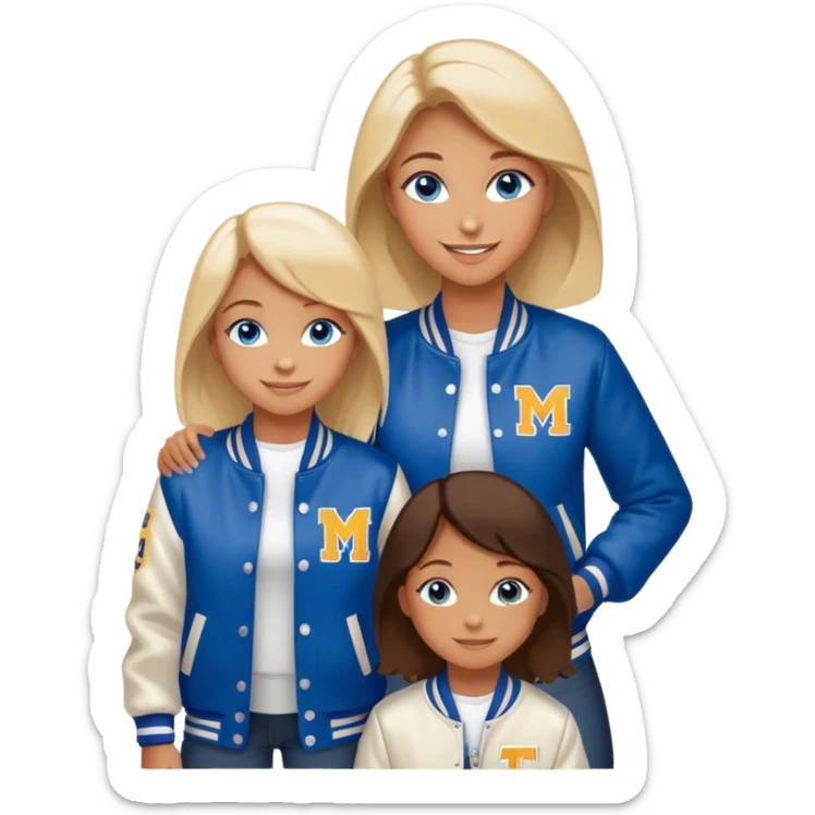 smiling mother in letterman jacket Blue eyes, Name is Tini, two Little girls sticker