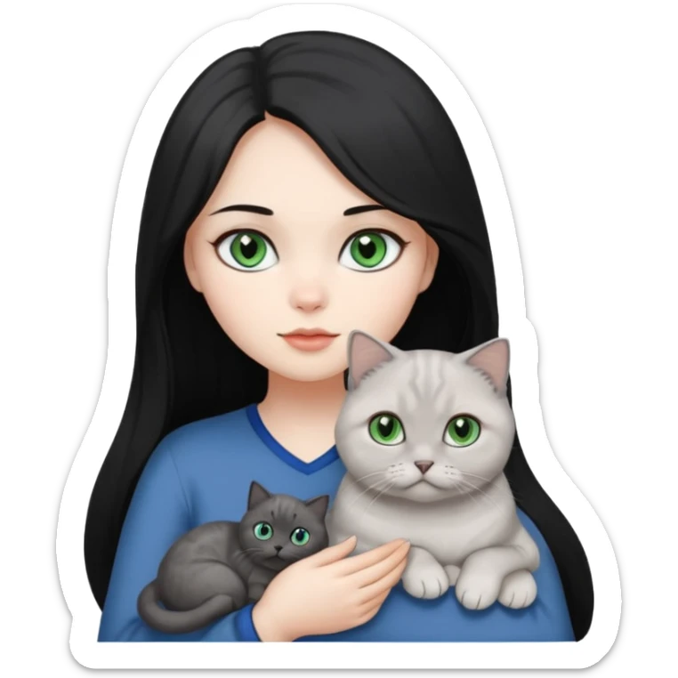 Black long hair, white skin, pretty black eyes, a woman with a gray Scottish fold green eye cat and a white blue eye cat
 sticker