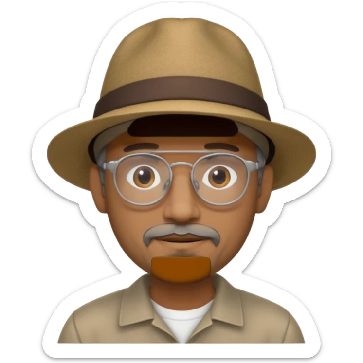 Brown man with wide rimmed hat no hair, but gray goatee, clear glasses and slightly smiling sticker