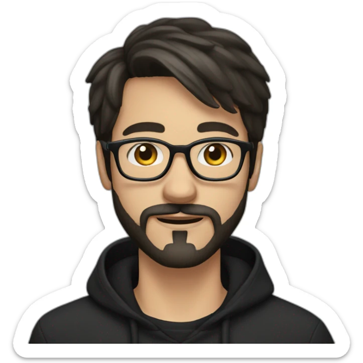 White young man, dark straight hair, moustache and beard, wearing a black hoodie, glasses sticker