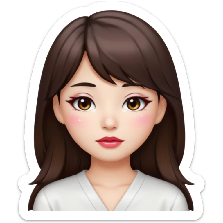 “japanese style Emoji brunette girl long hair with side bangs white top, dewy skin, heavy blush across cheeks and nose bridge, glossy cherry lips, soft eyeliner, teary sparkling eyes sticker