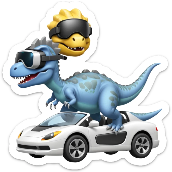 Dinosaurio  gris subido en un carro blanco tecnológico con lentes de realidad virtual sticker