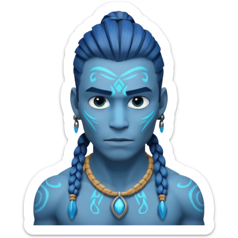 avatar-style Na’vi male portrait, head and shoulders only, blue skin, bioluminescent markings, strong face features, braided hair, tribal necklace, heroic expression, 3D cartoon, mobile game icon style, clean background, no text, no watermark
 sticker