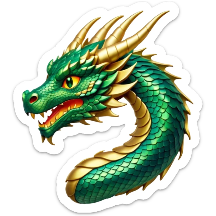 Cinematic Noble Dragon Portrait Emoji, Poised and majestic, with a sinuous, elongated body covered in intricately detailed, shimmering scales in hues of emerald and gold, and piercing, fiery eyes that reflect ancient wisdom; rendered with lifelike texture and natural highlights, high shine, intelligent and formidable, styled with an aura of mythic power, focused and attentive, soft glowing outline, capturing the essence of a legendary dragon that appears ready to soar out of the screen with timeless authority! sticker