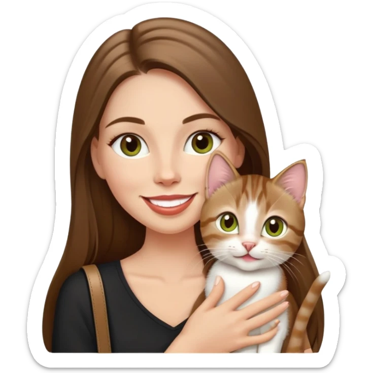 White Woman with VERY long straight brown hair, rosy lips and cheeks, chartreuse eyes, cute happy big smile holding a white and brown tabby kitten, wearing a black purse sticker