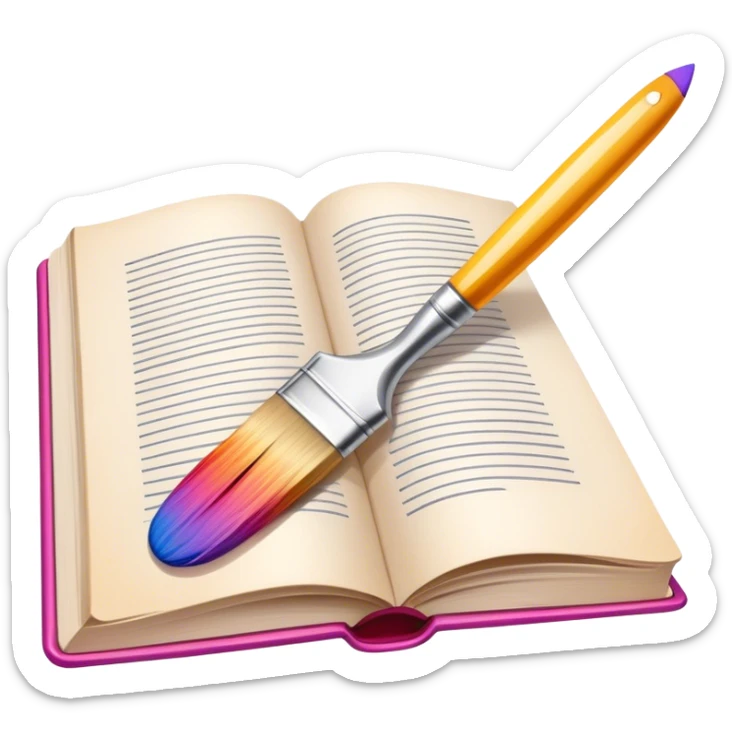 icon for artistic Illustration. paintbrush under illustrated page of book, colorful sketch, simple lines, minimalistic style, transparent background. sticker