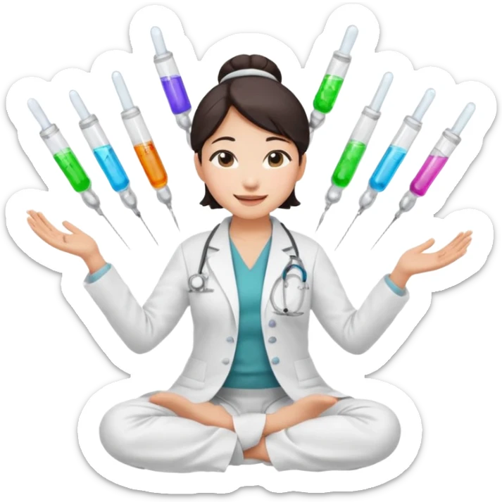 emoji of an asian woman with a single bun in a white lab coat sitting cross legged with a pipettes levitating in an arc around her head sticker