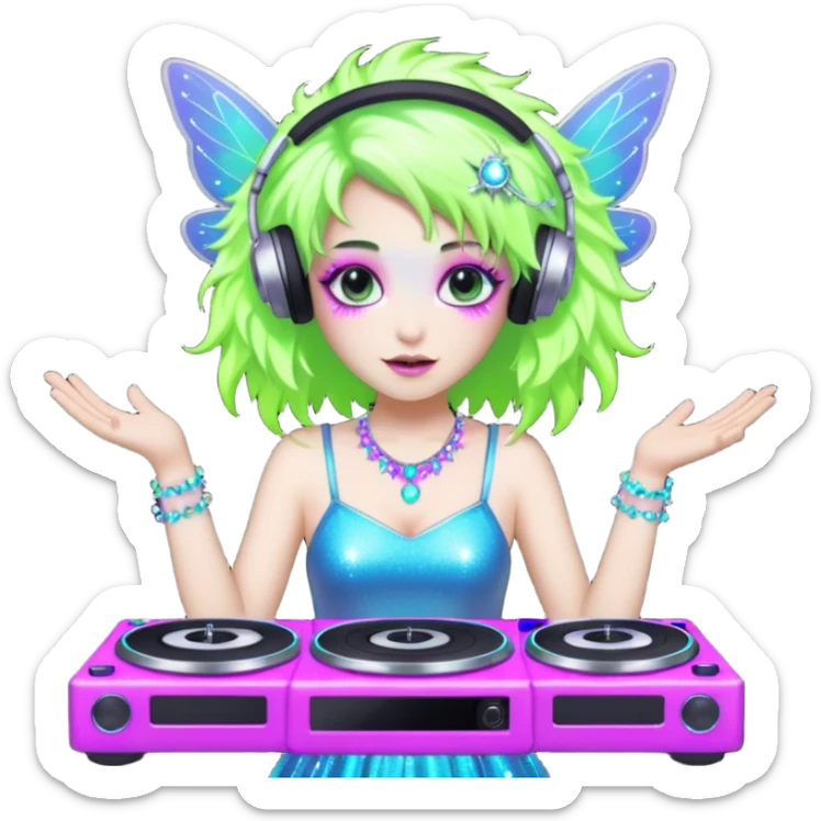  hard-techno-rave-fairy,-holding-a-dj-turntable,-wild-hair,-neon-sparkles,-minimal-background sticker
