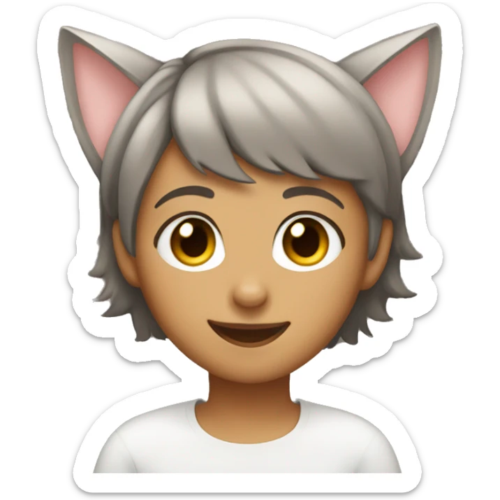 girl with short hair, brown eyes, smiling with cat ears sticker