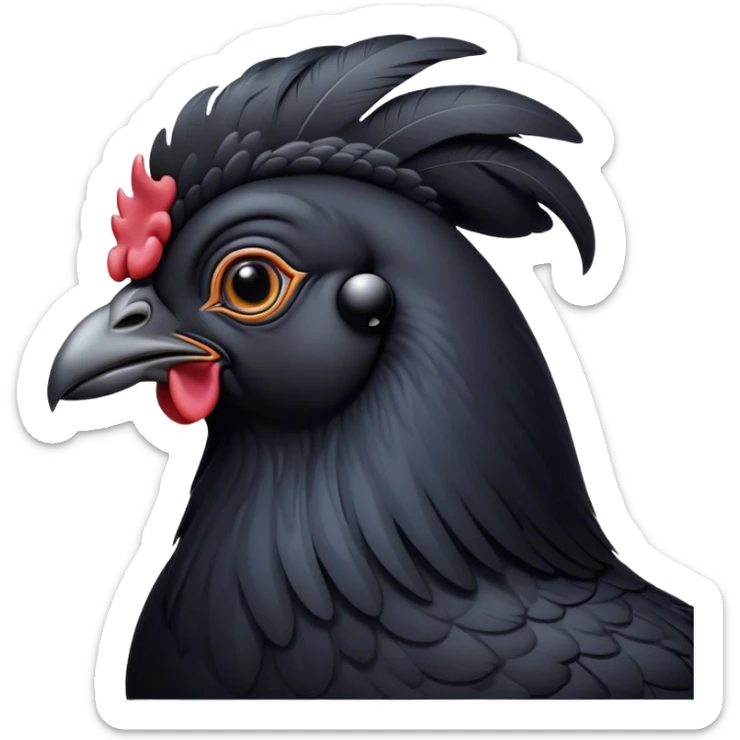 Cinematic Noble Black Chicken Portrait Emoji, Poised and regal, with a compact, sturdy build and a glossy, well-groomed pure black plumage, deep-set soulful beady eyes, Simplified yet sharp and sophisticated features, highly detailed, glowing with a soft, dignified glow, high shine, intelligent and alert, stylized with an air of mysterious elegance, focused and attentive, soft glowing outline, capturing the essence of a watchful and confident fowl, so majestic it feels as though it could strut out of the screen with effortless authority! sticker