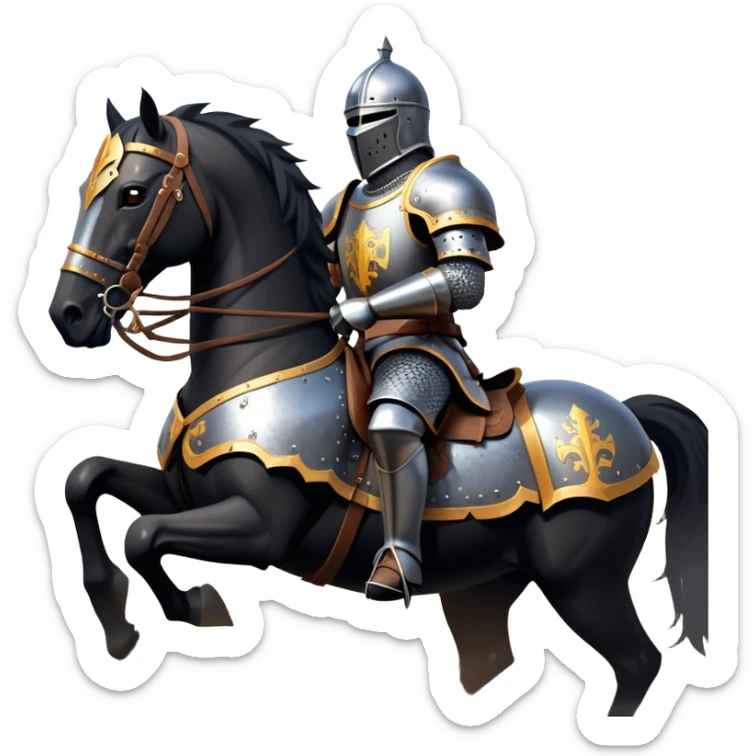 clash-of-clans-aesthetic_-cinematic-fearsome-and-majestic-knight-bust-portrait-emoji, rendered in a flat, vector-style with minimal shading and bold, simplified shapes, depicting a battle-ready medieval knight with steely eyes and intricate armor, riding on a black warhorse looking regal reflecting sunlight over a misty battlefield. sticker