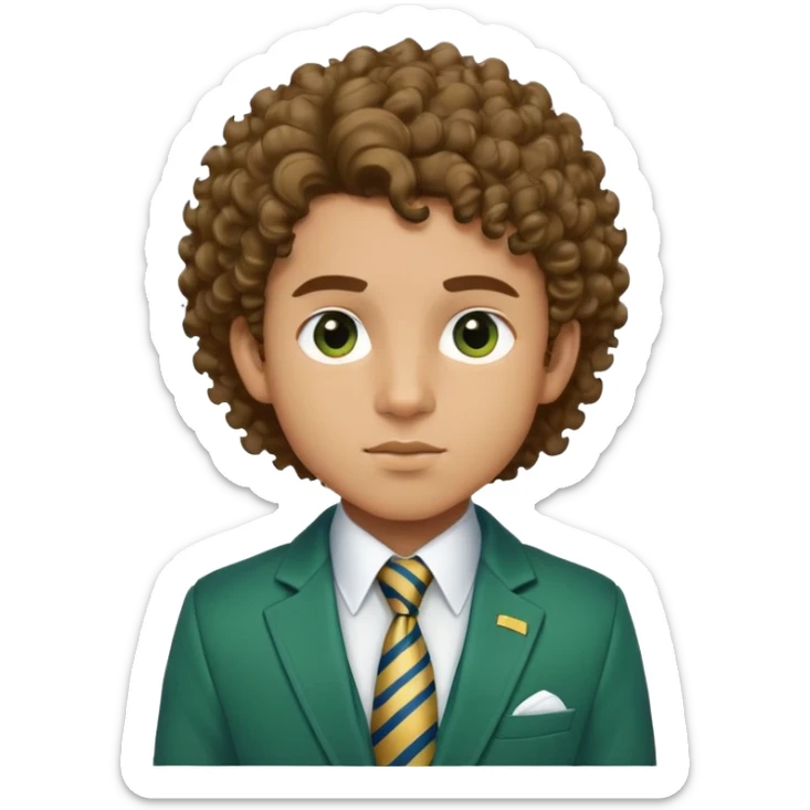 Make me an emoji of a boy with light brown skin, and his hair is voluminous and curly. And his chin is sharp with a nice jawline, and his eyebrows are more of rounded out eyebrows and they’re thick,but not too thick, and one of his eyebrows has a slit in it. And he’s wearing a green jacket with a white shirt poking out and the white shirt has a tie with gold and blue stripes on it  sticker