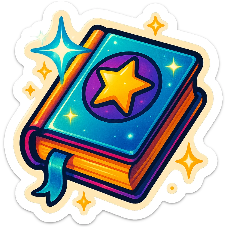 A retro sticker-style drawing of a magical book with energy, sparkles, and glowing effects, bold lines, dramatic shadows, and bright highlights for a lively collectible sticker feel sticker