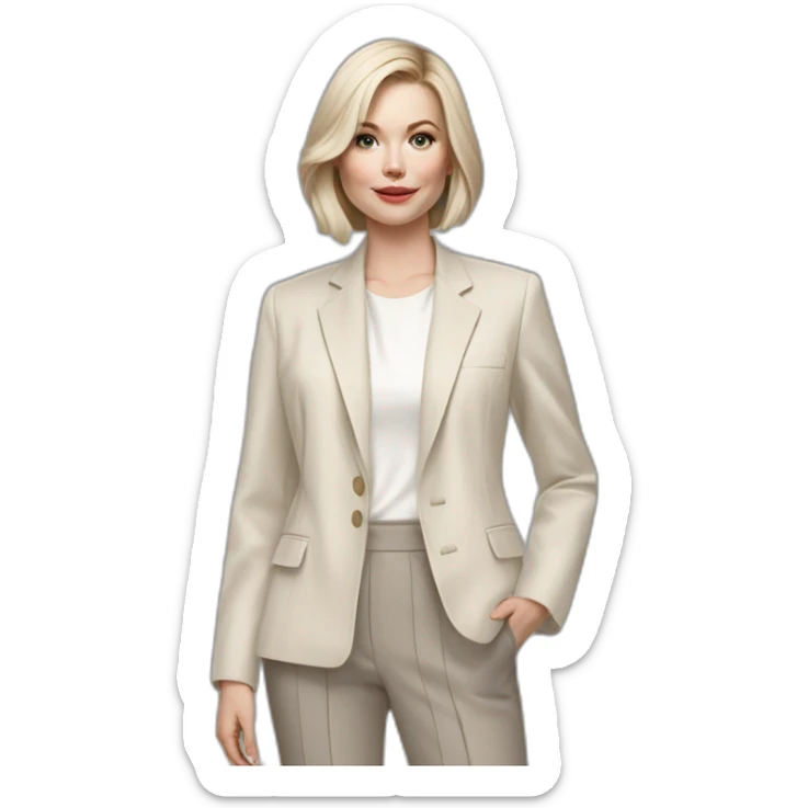 pale skin woman with ash blonde Straightened bob Hair, White Spacious classical jacket, beige palazzo Arrow pants and gray blouse holding RAL colour palette in the hands sticker