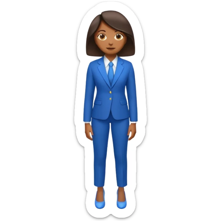 black woman in a blue smart suit and shoes, standing with hands by her side, looking to the left, emoji style sticker
