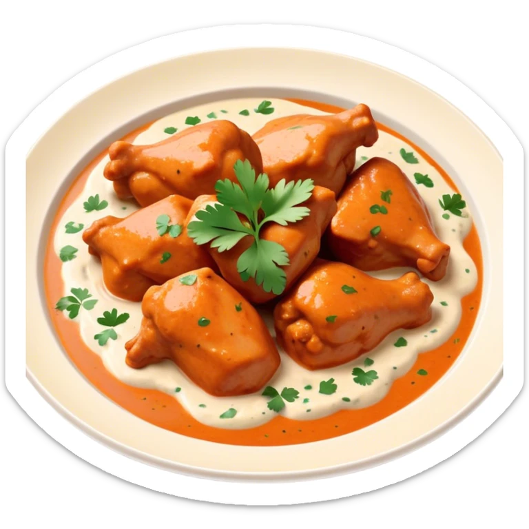 Butter Chicken Cinematic Realistic Butter Chicken Dish Emoji, depicted as tender chicken pieces sliced up and bathed in a creamy white sauce garnished with fresh cilantro, rendered with rich textures and vibrant, appetizing lighting. sticker