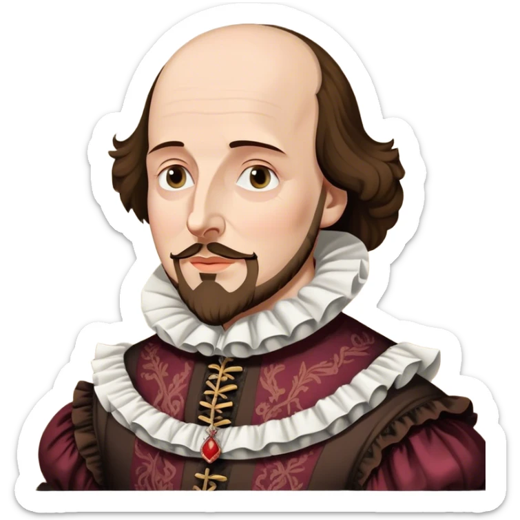 Cinematic Realistic portrait of William Shakespeare, depicted as an iconic playwright in richly detailed Elizabethan attire with a ruffled collar, expressive eyes, and a thoughtful gaze, bathed in dramatic historical lighting that evokes the Bard’s timeless legacy sticker