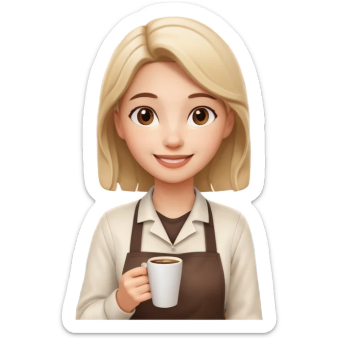 female barista portrait, head and shoulders only, wearing coffee shop apron collar, holding a takeaway cup near face, warm friendly smile, cozy cafe vibe, 3D cartoon, mobile game icon style, clean background, no text, no watermark
 sticker