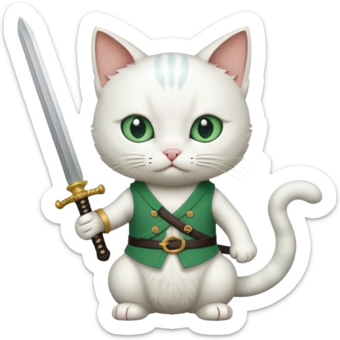 un gato blanco con reeferencia a roroa zoro "una espada en cada mano y una en la boca sticker