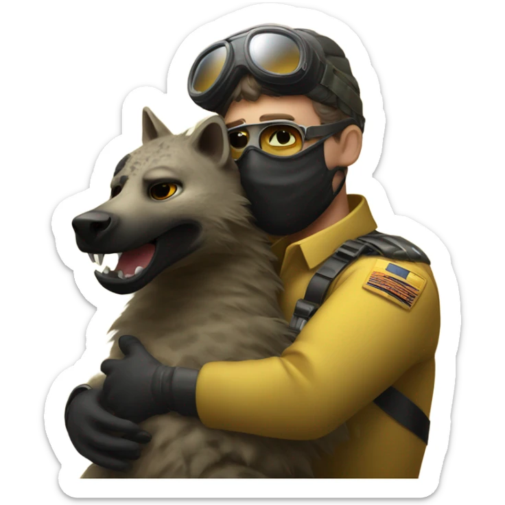 Yellow army Pilot with black mask googles, and then a big hyena hugging him sticker