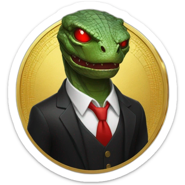 Reptilian with red laser eyes in black suite on the golden coin sticker