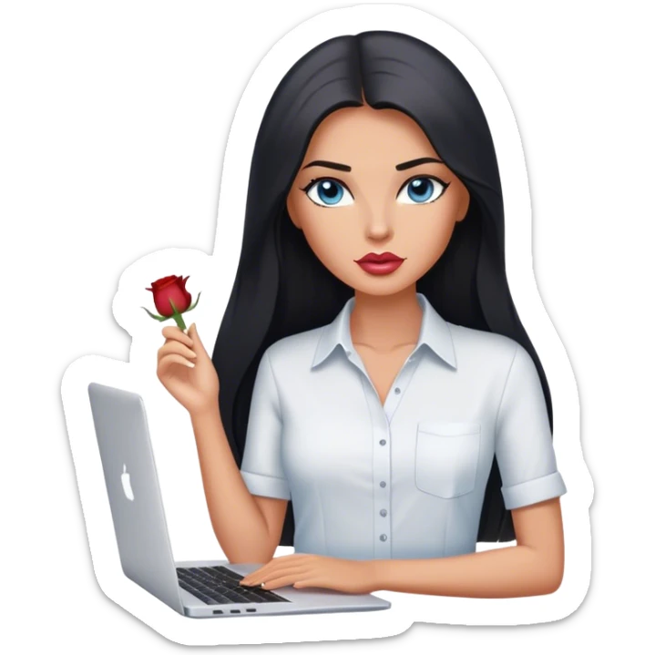 Glamours tanned very beautiful girl with pump slightly rose/nude lips and black straight smooth long hair, blue-grey eyes in white shirt with MacBook. sticker