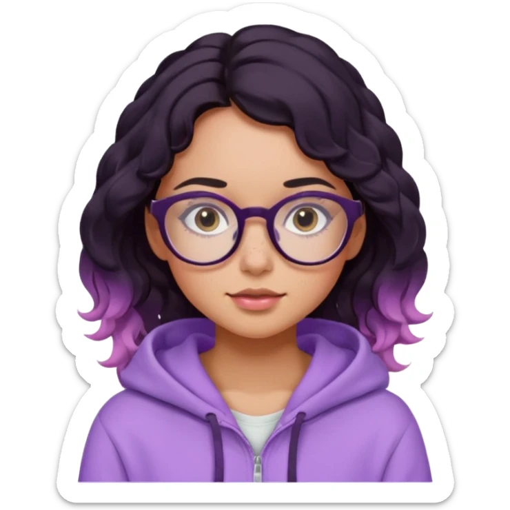 emoji of a woman, slighty tanned skin, cute freckles, pink cheeks, wavy black hair, big frame glasses and cute eyes, wearing a lilac hoodie  sticker
