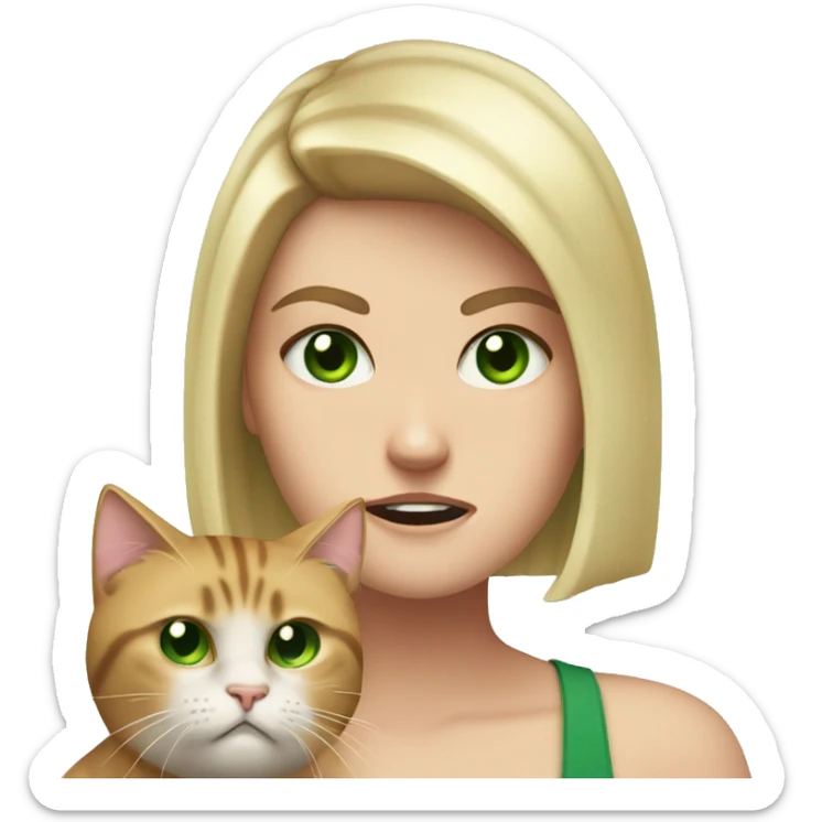 A white girl with blonde bob hair and green eyes is angry at a cat she is holding sticker