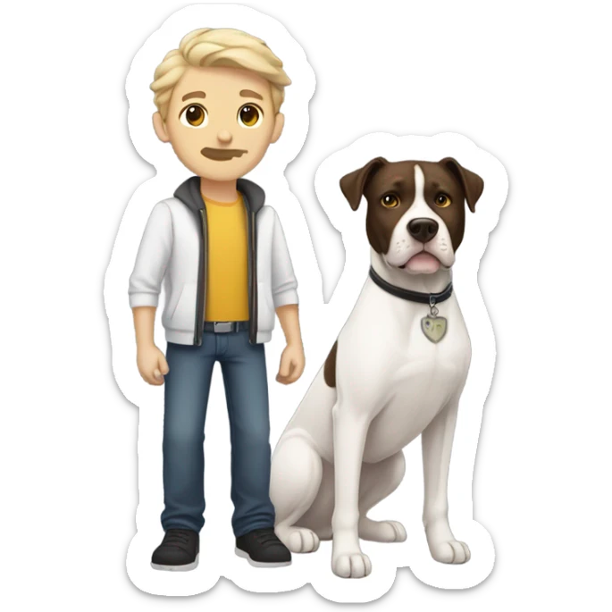 white male with dark brown hair and a lightly scruffy beard standing alongside a white pitbull sticker