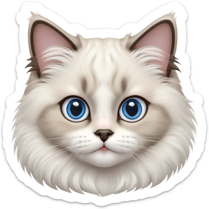 cinematic-adorable-big-eyed-fluffy-ragdoll-cat-portrait-emoji,-head-tilted-playfully-with-a-sweet-expression,-fluffy-white and grey-fur,-simplified-yet-irresistibly-cute-features-with-large,-expression, blue eyed ragdoll cat sticker