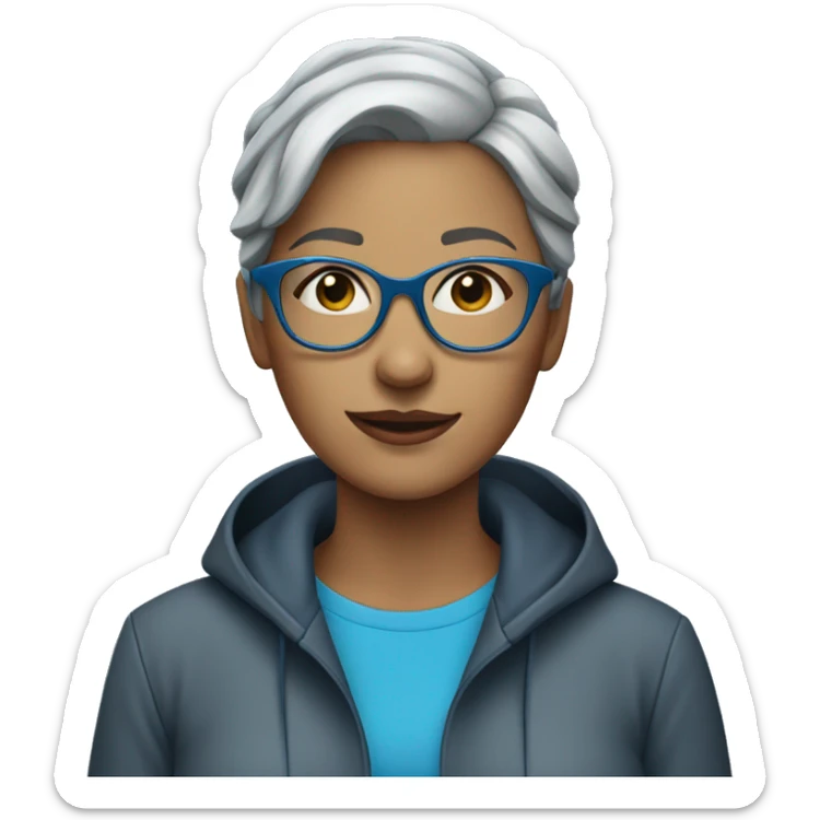 Woman with short gray hair and blue rimed glasses in the rain sticker