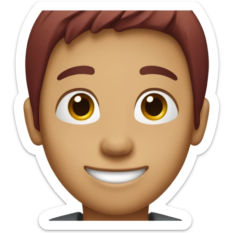 A boy with burgundy hair. His hair is a bit long and straight. He doesn't wear glasses and is smiling.
 sticker