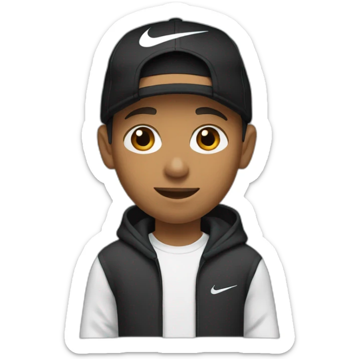 light brown boy with hair until his ears wearing a black nike cap and nike hoodie sticker