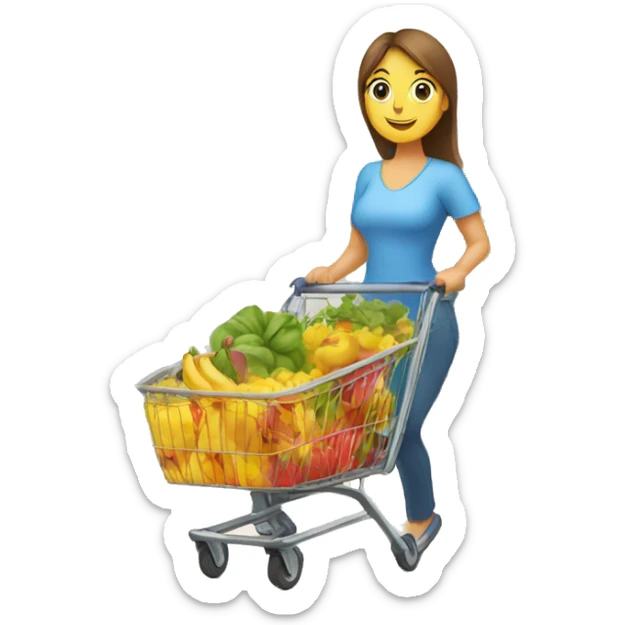 a mother with a wheelbarrow full of groceries is shopping in a supermarket sticker