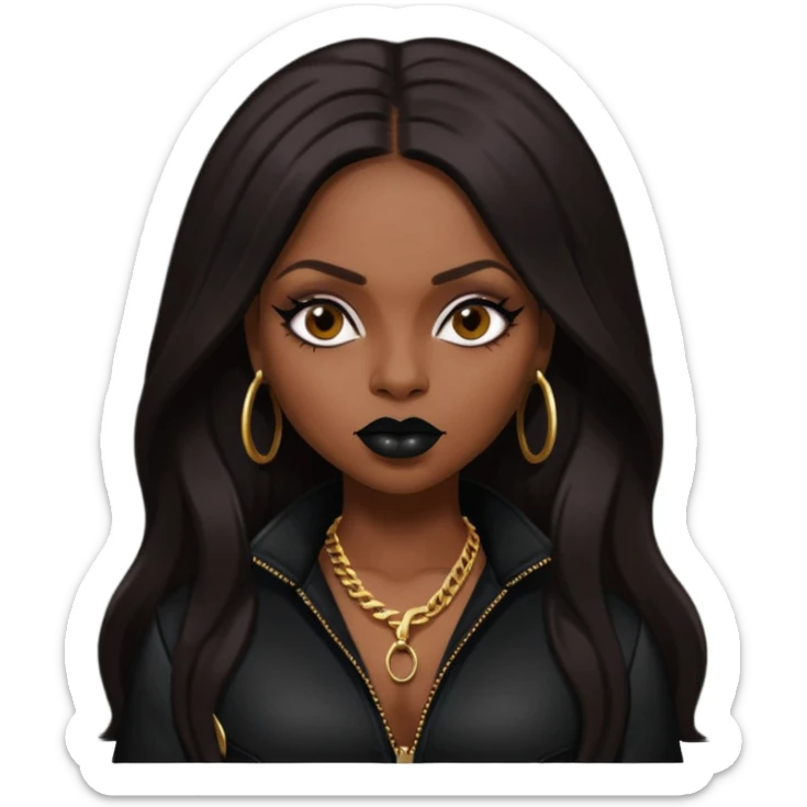 Foxy Brown, Rapper with dark brown long hair, black lip, black outfit sticker