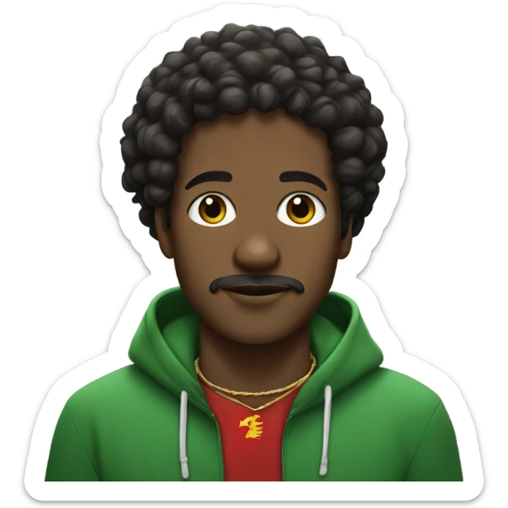 black man with curly hair, and a hoodie and a thin moustache wearing a necklace of the sudan flag sticker