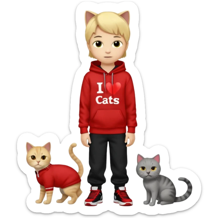 A 8 year old boy wearing a red and black hoodie say I heart cats he’s blond he has red Jordan’s and Hess wearing black pants he’s next to a gray cat with yellow eyes  sticker