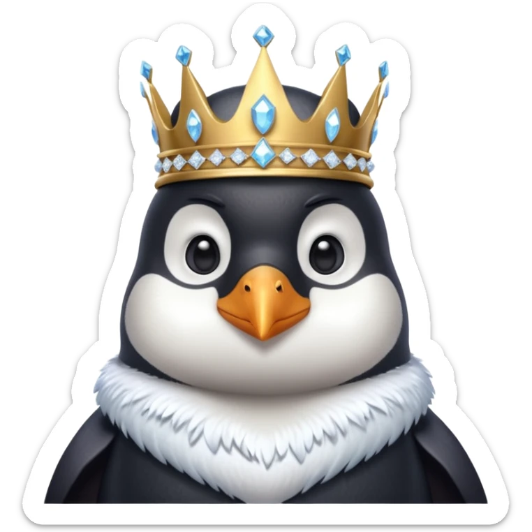 penguin king portrait, head and shoulders only, icy crystal crown, royal fur collar, cute serious expression, winter fantasy vibe, 3D cartoon, mobile game icon style, clean background, no text, no watermark
 sticker