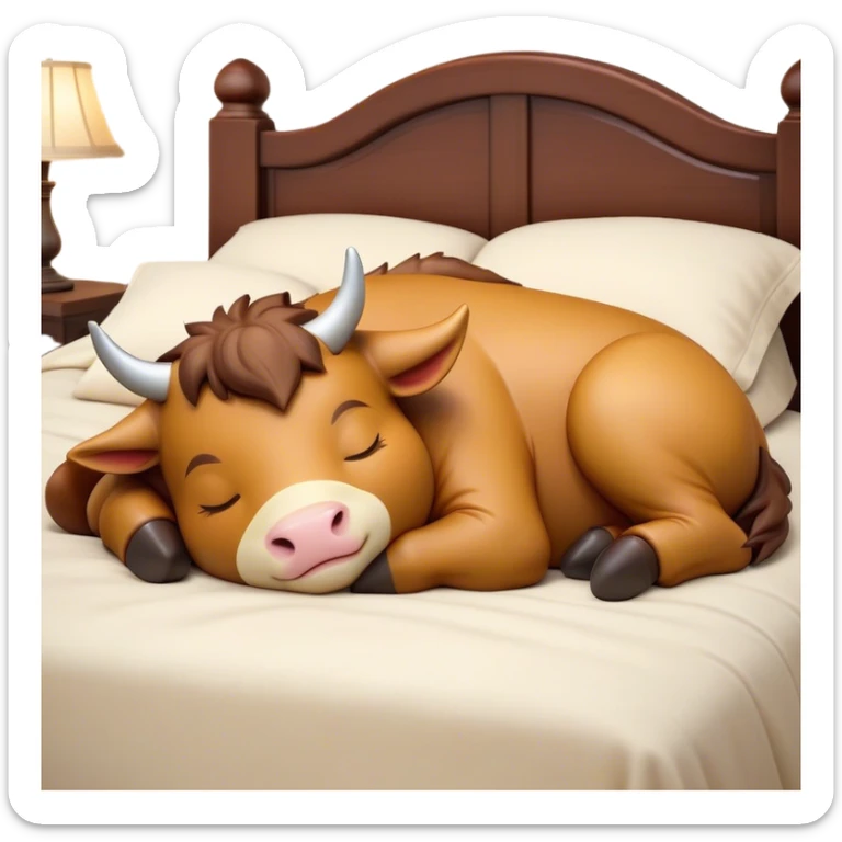 Meme-Worthy Cute Sleeping Domestic Ox Portrait Emoji, Head resting peacefully with a contented smile, showcasing a massive, sturdy build and a luxuriously soft hide, eyes gently closed in serene, restful slumber, Simplified yet hilariously adorable features, highly detailed, glowing with a soft, drowsy natural light, high shine, relaxed and utterly lovable, stylized with an air of playful laziness, soft glowing outline, capturing the essence of a sleeping ox that feels destined to become the next viral sensation of adorable rest! sticker