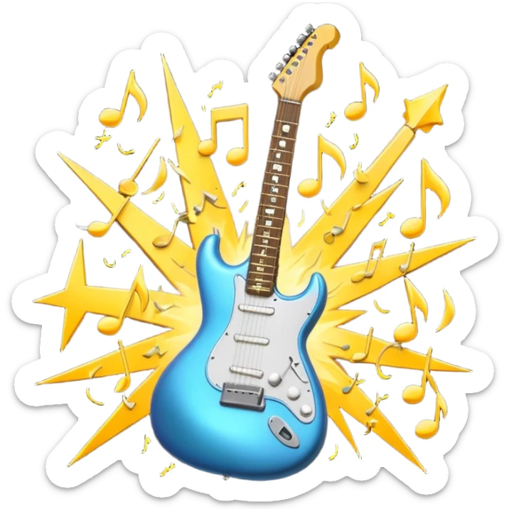A 3D Apple-style emoji of a bold “ROCK” text written in shiny metallic letters, with an electric guitar leaning on the text, surrounded by small music notes and lightning bolts, energetic and powerful rock music vibe sticker