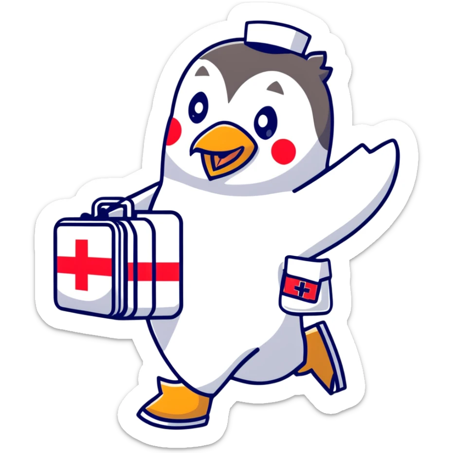 side view of a doctor penguin running with a top hat holding a first aid medical box with a red cross sticker